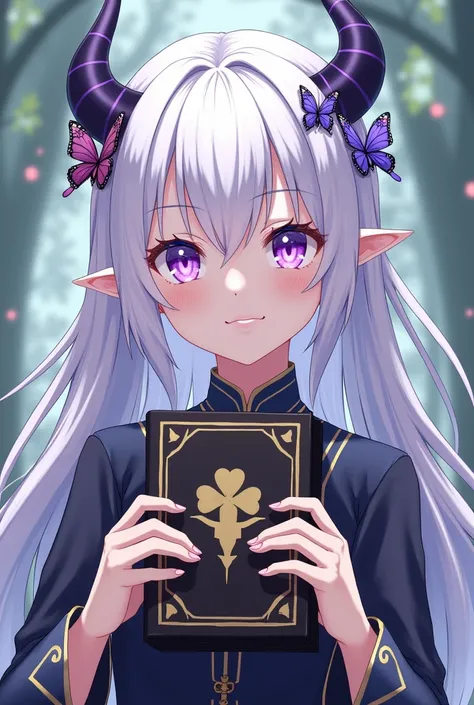 A female character who is milky skin with white hair and purple eyes wearing black clover anime clothing holding a grimoire that her eyes look normal and does not have pointy ears that instead of horns are butterfly brooches and the butterfly grimoire with...