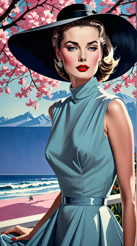 Create a stunning masterpiece depicting a woman in 1950s style, wearing a flowing, very long dress that exudes a dreamy and magical aura. Windy day, Grace Kelly, Standing, She should have glamorous makeup, including striking red lipstick, and wear a wide-b...