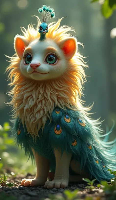 A hybrid of the fusion of a baby and a peacock .  The Hybrid has the structure of a peacock with the characteristics of a lion.