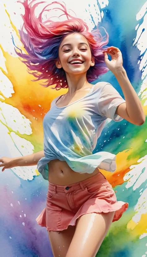 a woman joyfully twirling in the raining paint, raining, thick rainbow hair, body full of color, joyful, ((SLF)), calm expression, relaxed, gentle smile, (some clothes made of watercolor)), front view, ((small breasts, relaxed face, relaxed shoulders)), ((...