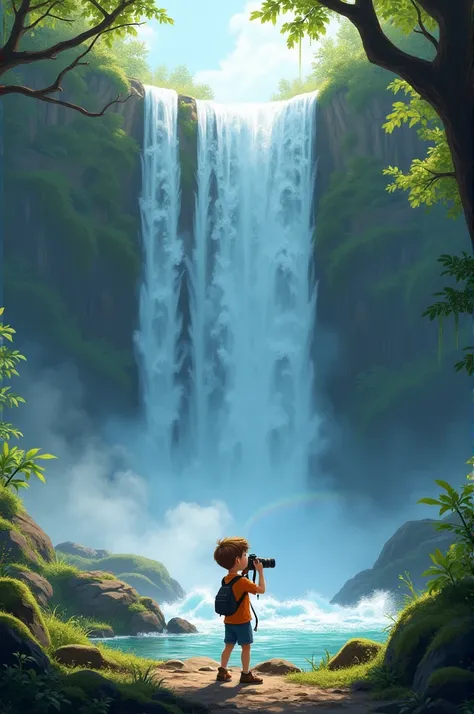 Boy takes pictures of a waterfall