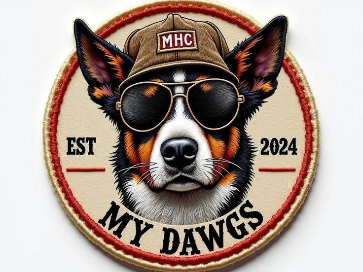 Embroidered hat patch. go for raw and gritty style. A mix breed dog  wearing Shades and trucker hat with MDHC on it. put the words MY DAWGS , Hat Company on bottom of patch, EST on left, 2024 on right.  and aviators. cream, and Reddish brown colors 
