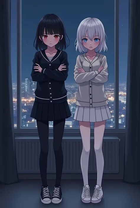  Create an image with an anime drawing style 
The image is in 2D 
Of a 2 girls looking fixedly and angrily with their arms crossed
One of them wears a black caradigan with a white outline,  a black pleated skirt and black tights that cover all their legs
H...