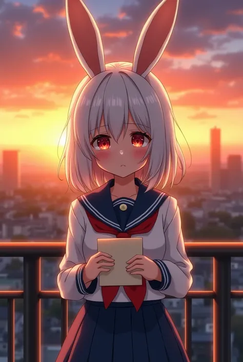 Anime white rabbit girl with Japanese uniform have medium breast. She is crying and holding love letter in railing at sunset.