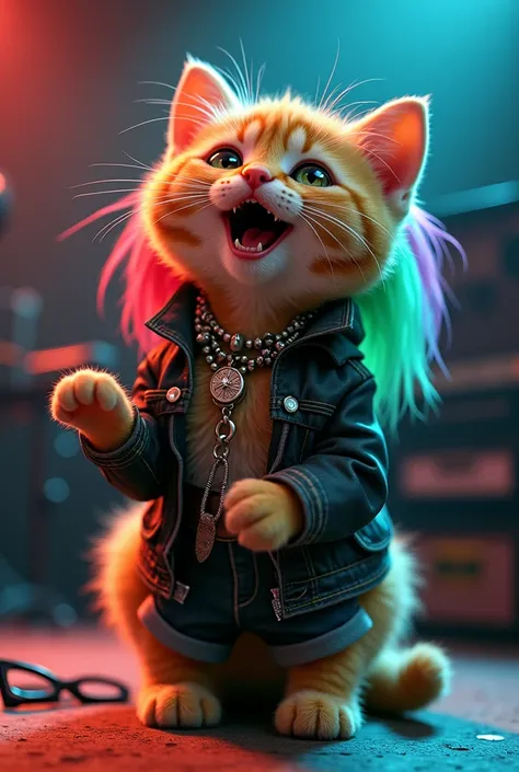 (hyperrealism)  make an average kitten , yellow in color,  with long, colored hair on their heads, In the colors green , blue and red,  with rock necklaces ,  and grunge clothes ,  singing on stage , Doing a show and singing the song  "All Through the Nigh...