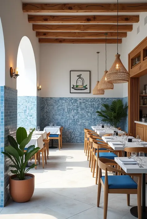 Restaurant interior with a modern touch of white with blue and wood Mediterranean style with blue and white tiles.