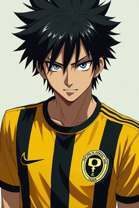 Chrollo Lucilfer wearing a yellow and black Peñarol t-shirt
