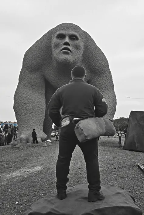 Create a surreal black and white photo about at battlefield . Middle the battlefield, there are back of fat, muscle man in army suit stand on tank roof. He shouting at the  Giant monster look like Big Slug afront of him. The two sides split into two, revea...