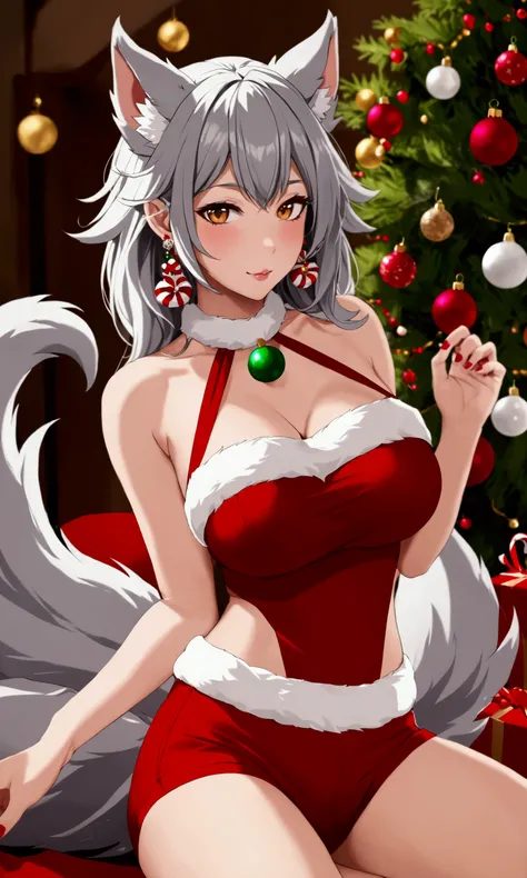 A cute woman (role of a werewolf, sexy halter top and short shorts Christmas theme, busty, grey and white color scheme, ornament earrings, lovely furry, nine tails, feral feet), Christmas model
