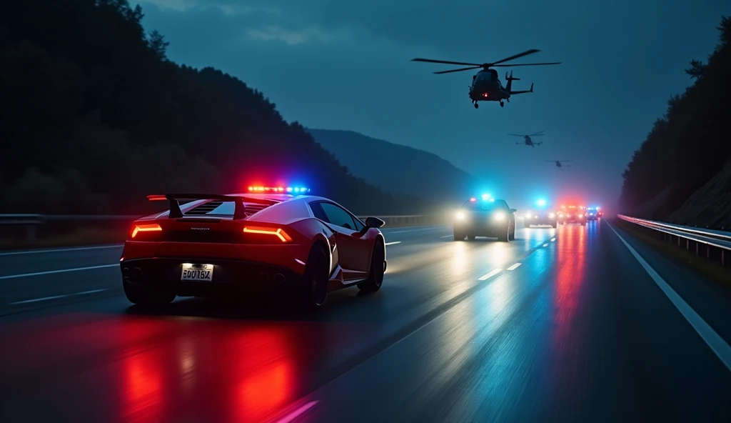 An eagle-eye view of a Lamborghini racing down a dark highway at night, capturing the earlier cinematic vibe with sleek design and intense motion. The Lamborghini is ahead of a line of police cars trailing behind, their flashing red and blue lights casting...