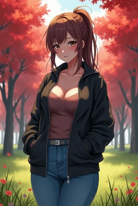  Beautiful anime girl with huge breasts wearing black poleron and blues jeans , tied brown hair , surrounded by red trees and green grass  