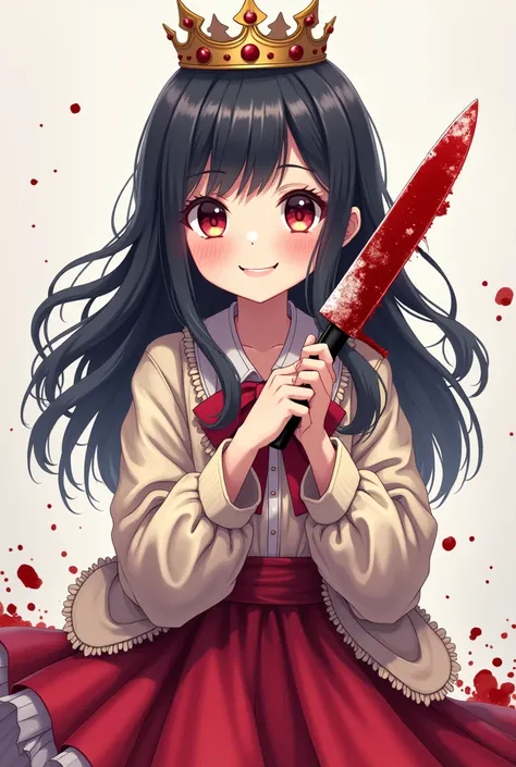 Draw a cute little anime girl with a long red skirt, wearing a cute jacket, Black hair, wearing a crown, A happy expression while holding a blood-stained knife, With a skirt stained with blood And a head covered in blood, and no background.