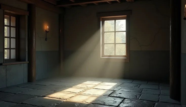 A wooden window in the monastery let in morning light, casting dim rays of light onto the cold stone floor. The shadows of the trees outside stretched into the silent space inside.