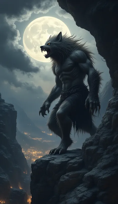 werewolf, powerful anthropoid creature, torn clothes, stands on a rocky cliff against the backdrop of a full moon, watches the village down the valley, angry and dangerous look, detailed, masterpiece, midjourneyv6.1