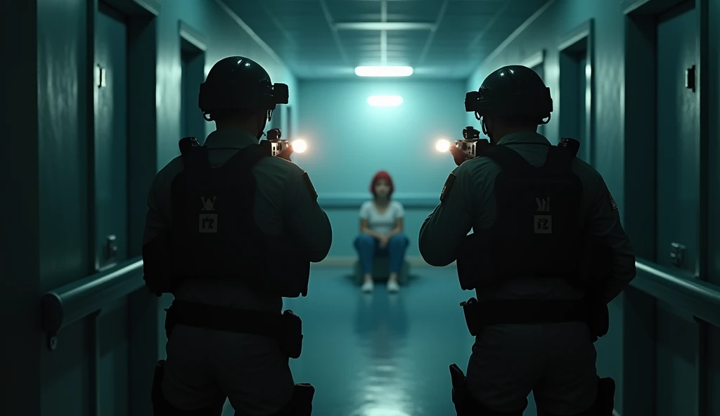  dark, gloomy hospital corridor ,  two modern soldiers in tactical helmets are walking , they aim with weapons,  back view from behind the shoulder,  shines in front of them with rays of flashlights , in the distance, a red-haired girl in a white t-shirt a...