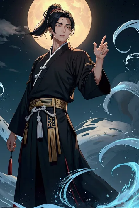 The background is a street of some provincial town in Ancient China: a bright moonlit night and a swirling fog below.
The male focus, the male celestial stands in the middle of the image, he looks at the viewer from under his brows, ominously, his eyes are...