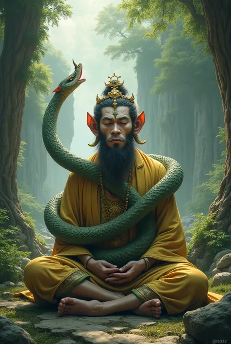 The monkey king chanted the Buddhas name and the snake snake wrapped around him