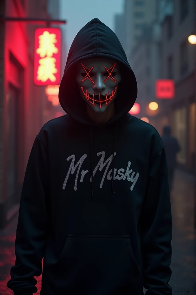 My content is v-log wearing a mask in every video so I want a pfp bg which should be based on my content and the theme should be a little horror type with an aesthetic text written (Mr Masky) 
Note: I want on bg no picture should be in the bg.