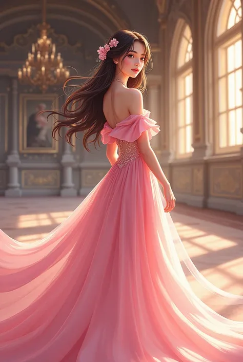 webtoon art of a 20 years old woman wearing a pink loose offshoulder long gown in castle 