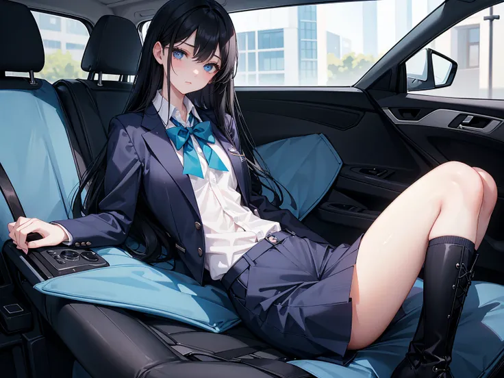 High school students ， already, Black Hair ， With warm blue eyes ， Wore a brand new blue suit and black boots ， Pure white collar and bright green bow 。 has long Black Hair and warm blue eyes ， Lean back in the car seat ， Pose Alluring , spread legs , lowe...