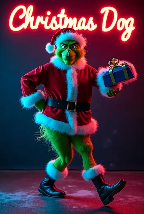 Imagine the Grinch dressed as Santa Claus with a blue one in his hand on a table dancing against a black background with neon lights with a phrase that says Christmas dog with letters in white and red 