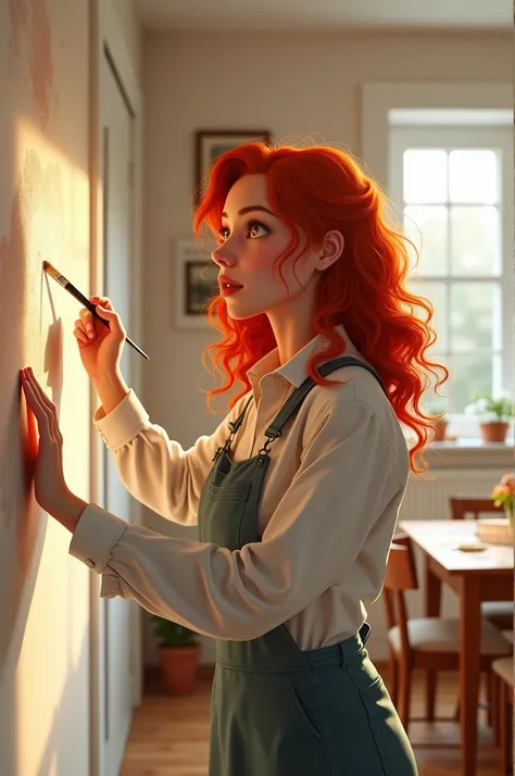 Red-haired woman painting walls in the dining room 