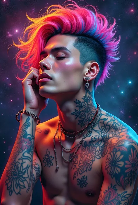  Elegant graffiti with obatorangstress  ,  galaxy lightning background illustration of rainbow-haired man , Full body tatto , wearing cool piercings , memegang banyak obat obatan, mengeluarkan cairan pelangi dari mulutnya