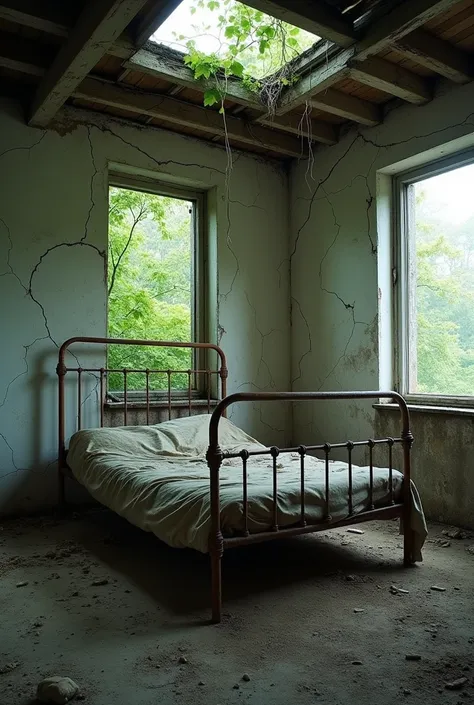 "Create a scene of an abandoned and decayed room with a haunting atmosphere. The walls should be cracked and covered in peeling white paint, with large sections open to the outside, letting in overgrown greenery. The ceiling is partially collapsed, with br...