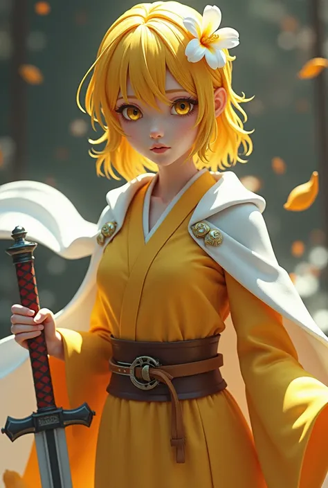 3D anime demon Slayer she has yellow hair with yellow eyes she is holding a sword she is wearing a yellow kimono dress with belt and white cape she is wearing a white flower on her head