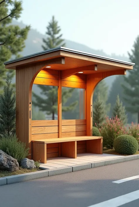 Generate renders of a pinewood bus stop with no environment, that has space to sit and leave luggage that has solar lighting, 