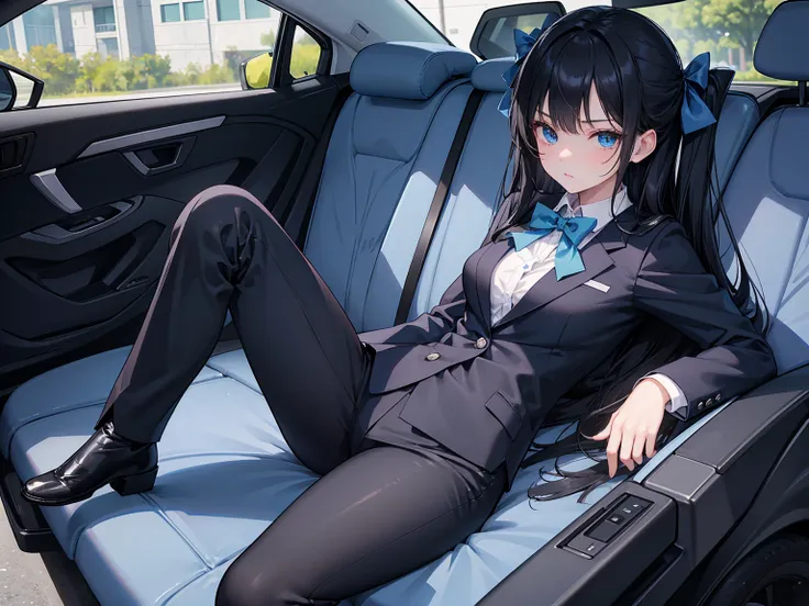 High school students ， already, Black Hair ， With warm blue eyes ， Wore a brand new blue suit and black boots ， Pure white collar and bright green bow 。 has long Black Hair and warm blue eyes ， Lean back in the car seat ， Pose Alluring , spread legs , lowe...