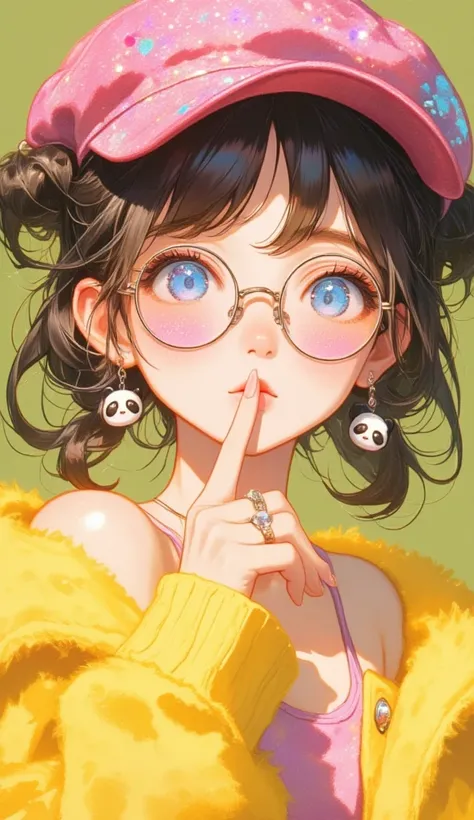   close-up shot of a person wearing a pink sequin hat and shiny glasses and round colored glasses，her index finger is close to her mouth, her lips are kissable，painted with pink sequins  ,  she has a ring on her finger，wearing a fluffy yellow fur ,  girl w...