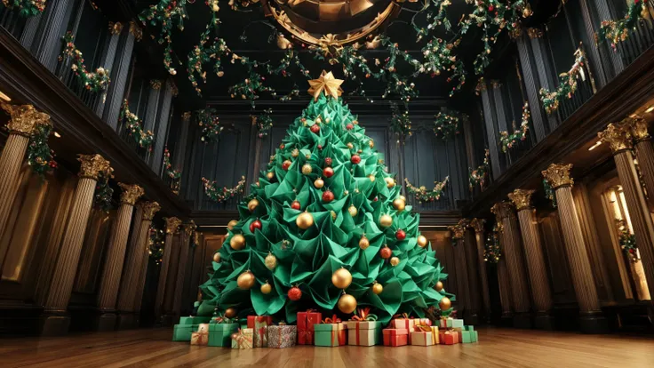 (best quality, masterpiece, photorealistic, elaborate details:1.2), origami christmas tree complete with ornaments, presents at the bottom of the tree, living room with fireplace, soft even lighting, festive