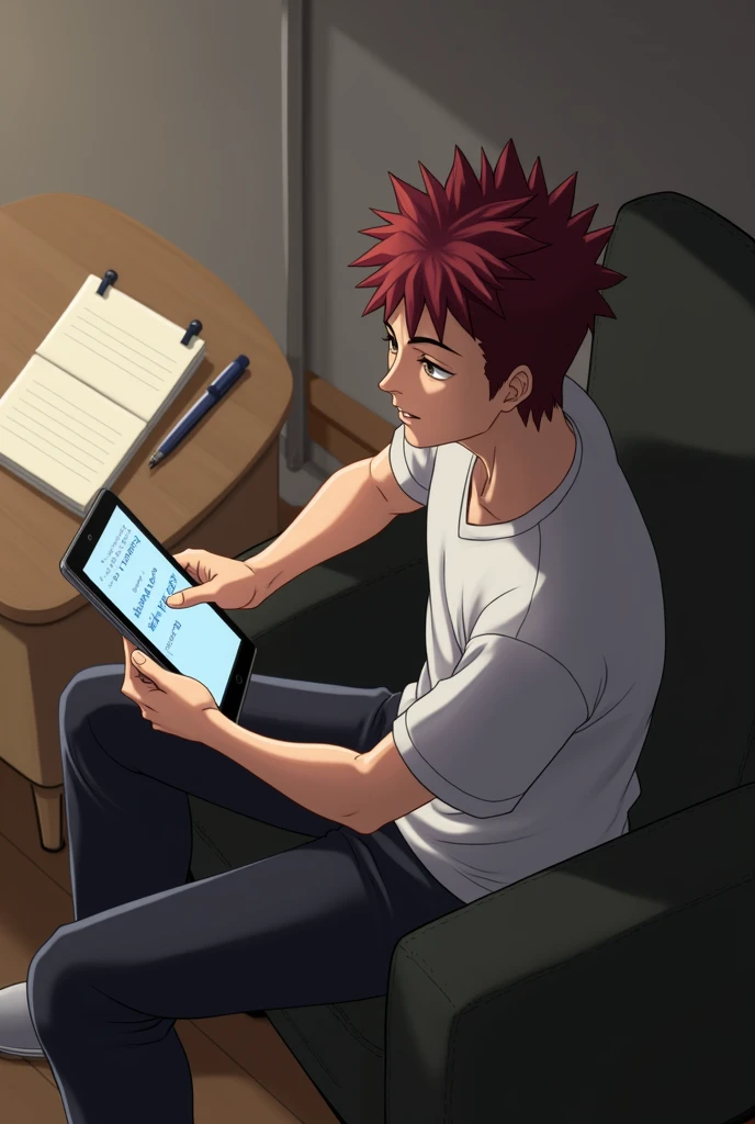 Itadori yuji  character sitting on a chair in his room while pressing his Ios ipad, with a note and pen  at his side , learning 