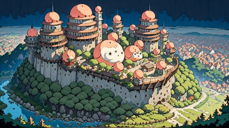 (masterpiece, ultra-detailed, top quality), (cartoon-like illustrations reminiscent of Hayao Miyazaki, Japanese 2D animation, shadows:1.3), distant night view from above, (huge peach moons:1.7), (huge medieval European castle town:1.3).