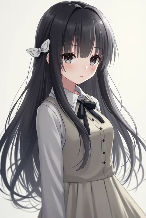 TALL GIRL165BLACK HAIR WAIST-LENGTH BLACK EYES ATTACHED A SMALL WHITE BOW IN FRONT OF HER WEARING A SCHOOL DRESS UA