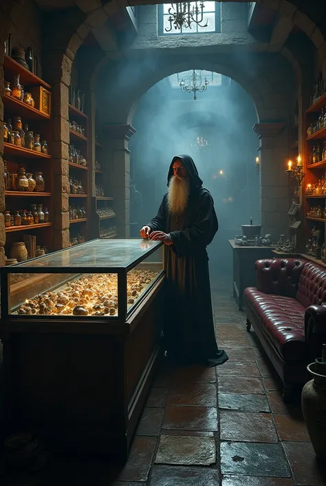 Witchcraft store with glass counter ,  without so much lighting and with a sofa in the dark corner