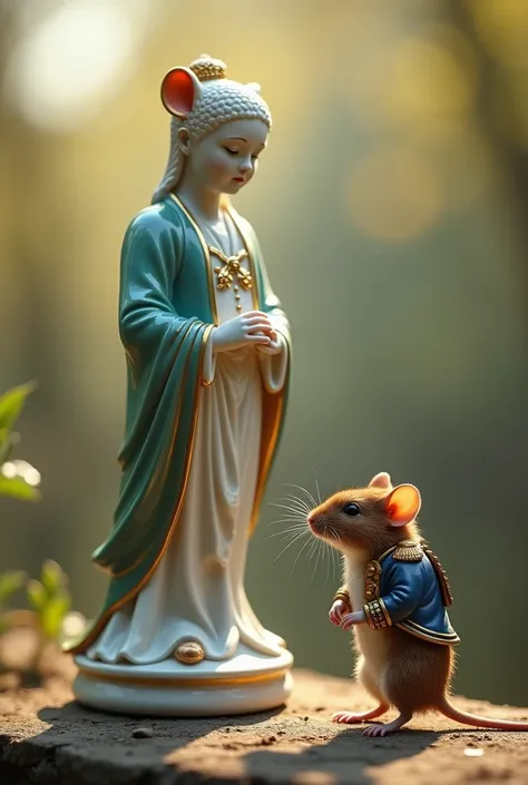 Photo of a Ming Dynasty porcelain statue foregrounding a mouse dressed as Napoleon. Soft light reflections, gold details, intricate details. 8k. Nikon DS 700, natural lighting, hyperrealistic