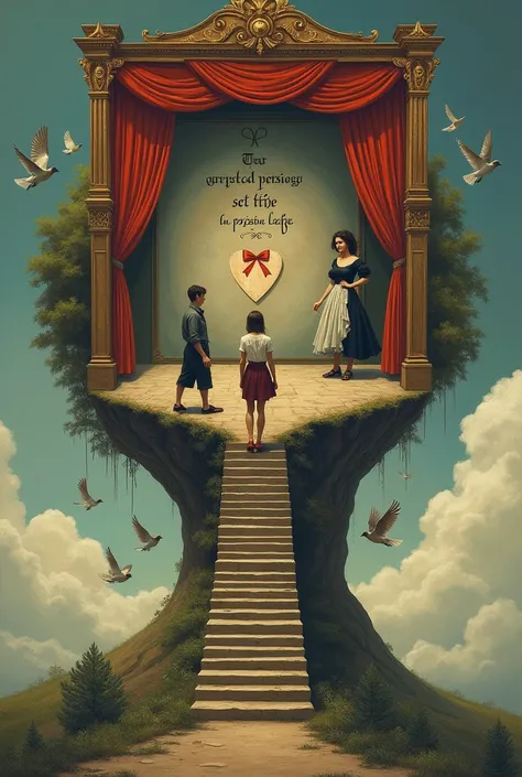 surrealism artwork, A casual woman walking upstairs in the floating staircases, a victorian theatre stage emerging from a womans head with flowers, inside the theatre stage presenting a dreamscape filled with a woman in black and white outfit red bow ribbo...