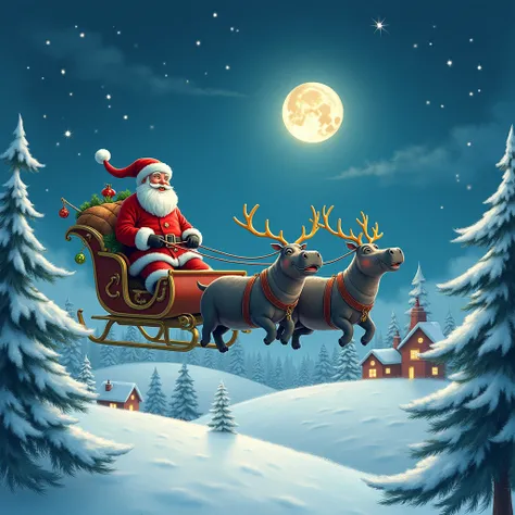 
“Christmas night scene with a snowy landscape, Santa Claus riding a sleigh through the sky. Instead of reindeer, the sleigh is pulled by three flying hippopotamuses with cheerful and playful expressions. The background includes snow-covered pine trees, co...