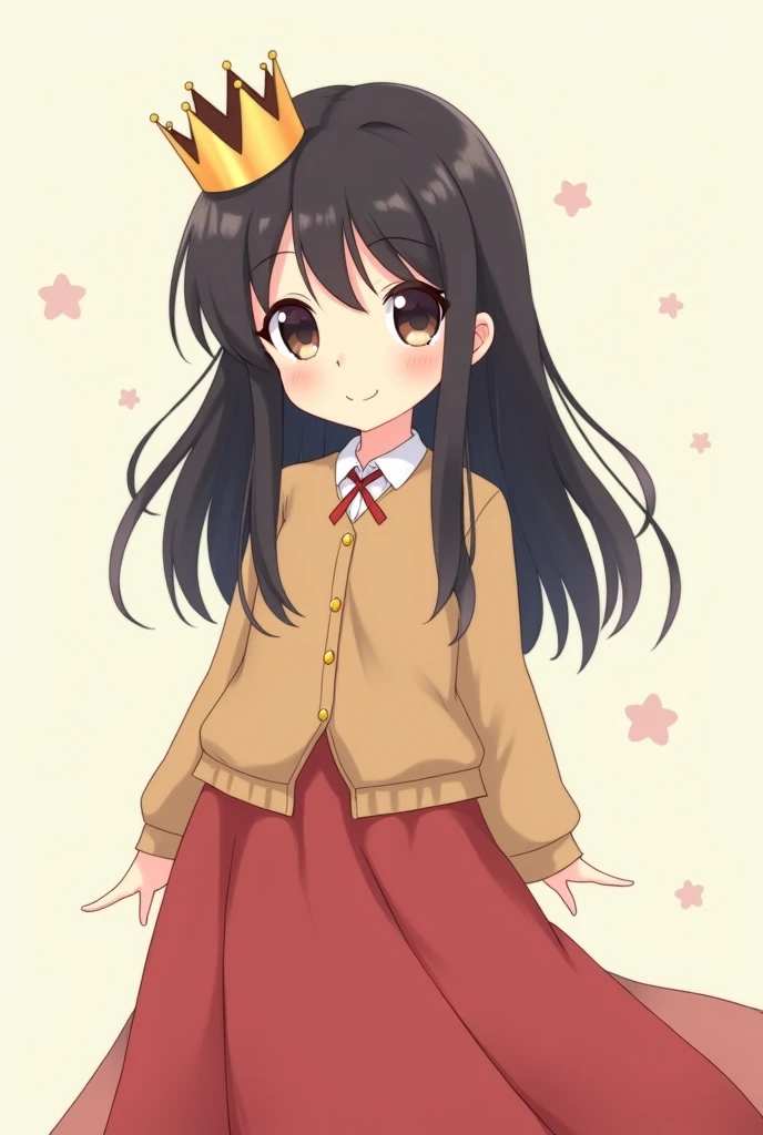 Draw a cute little anime girl with a long red skirt, Wearing a brown jacket, Black hair, wearing a crown, and no background 