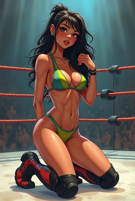 Drawing of a latina late tween wrestler girl in a bikini and boots. Wrestling ring. Full body. High quality. Good anatomy. Normal sized chest. Tween girl body. Kneeling. Posing.
