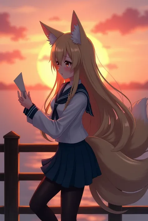 Anime mature nine-tailed fox girl with Japanese uniform have medium breast. She is crying and holding love letter in railing at sunset. She is wearing a black leggings. She is leaning against the railing and crying wail in front of the camera.