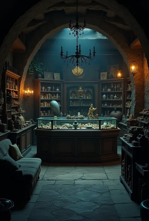  Witchcraft shop with no one, with glass counter ,  without so much lighting and with a sofa in the dark corner