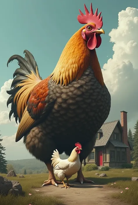 A very... big chicken is standing on top of the chicken. An interesting house. The picture looks real.