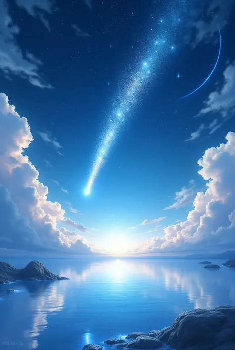  sparkling white sea、white starry sky 、Glowing white clouds、Issuji no Ryuusei、 particles of light spread all over、