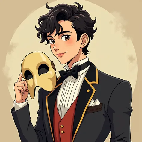  A 20-year-old young man,  in a formal costume inspired by the anime of the 60s ,  with a retro touch and a drawing style similar to that of the Candy Candy series. In his hand,  holds a theatrical mask that represents Piangi , a character from the musical...