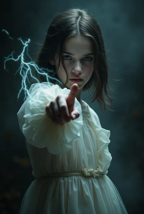 1 Girl, She points her finger at the viewer, a spade-shaped black flame emanating from her finger, and pale electricity shining from her entire body.