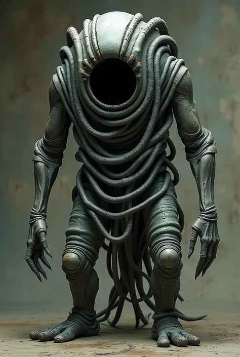  A macabro-looking humanoid ,  full body image, HR Giger works,  covered in spiral patterns that seem to move slowly through his body .  like jomon design, His head is an empty whirlpool that gives the impression of being a black hole That absorbs light.  ...