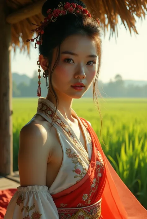 a beautiful asian woman with jaw dropping beauty wearing traditional kemben is sitting in the hut at the rice field + ni no kuni style + gouache + magical atmosphere + vivid details + golden ratio + ultra-detail --ar 16:9